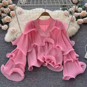 MQTIME  -  White Chiffon Ruffles Maternity Photography Tops Shirts Long Sleeve V Neck Pleats Chiffon Shirts For Pregnancy Photoshoot Blouse